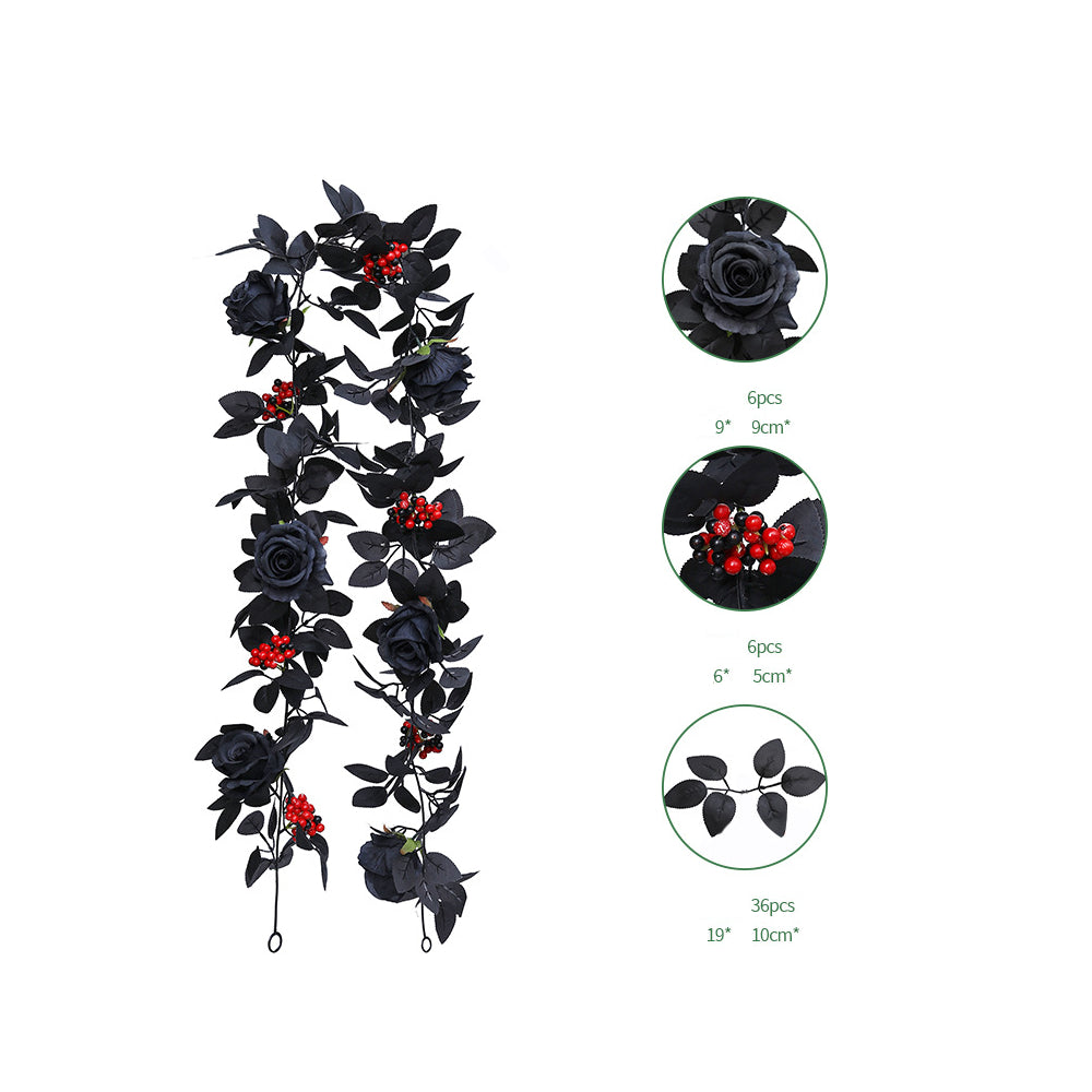 Gothic Black Rose Garland with Red Berries & Dark Leaves – Style A