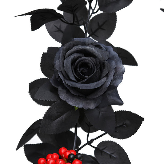 Gothic Black Rose Garland with Red Berries & Dark Leaves – Style A