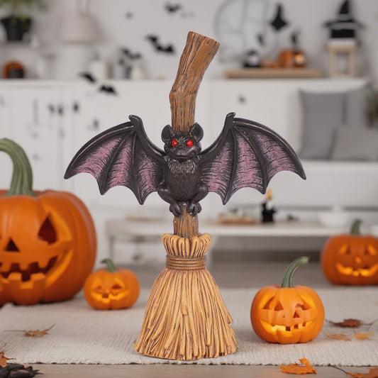 Halloween Flying Bat on Broomstick Resin Decoration