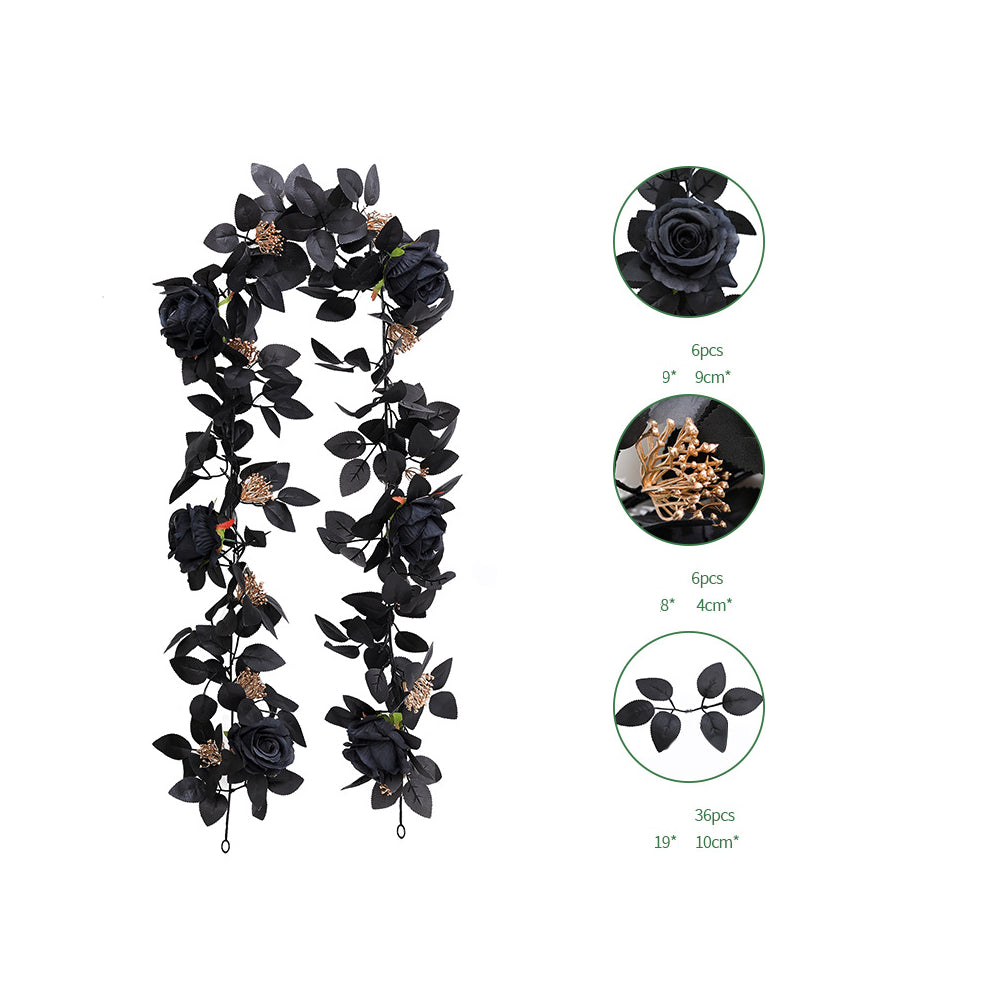 Gothic Black Rose Garland with Aquatic Plants & Dark Leaves – Style C