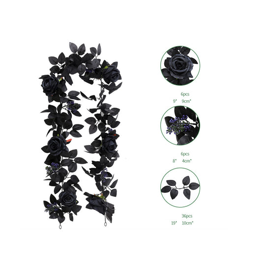 Gothic Black Rose Garland with Purple Berries & Dark Leaves – Style B