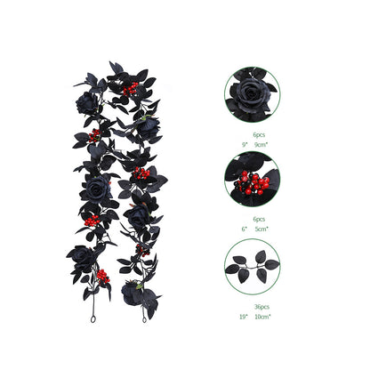Gothic Black Rose Garland with Red Berries & Dark Leaves – Style A