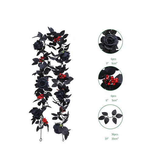 Gothic Black Rose Garland with Red Berries & Dark Leaves – Style A