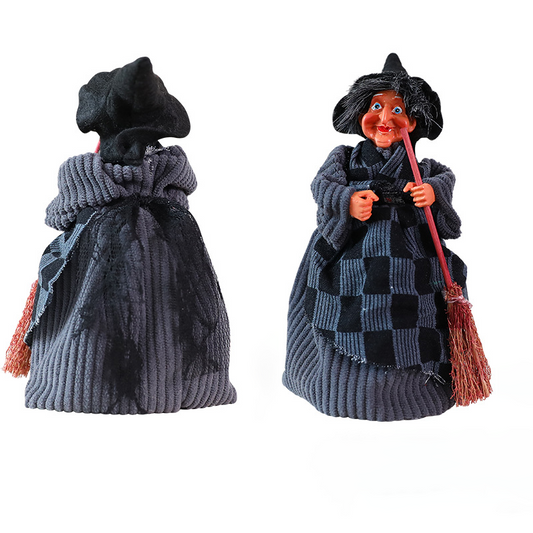 Halloween Hanging Witch Decoration with Black & Gray Plaid Skirt