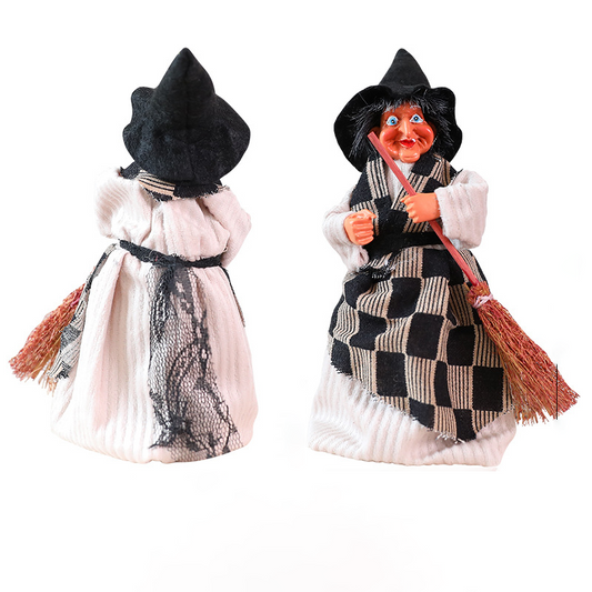 Halloween Hanging Witch Decoration with Black & White Plaid Skirt