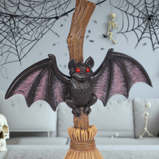 Halloween Flying Bat on Broomstick Resin Decoration