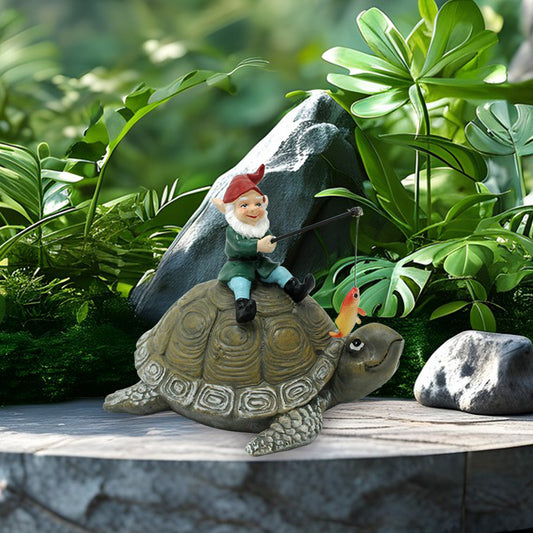 Resin Turtle & Fishing Gnome Figurine